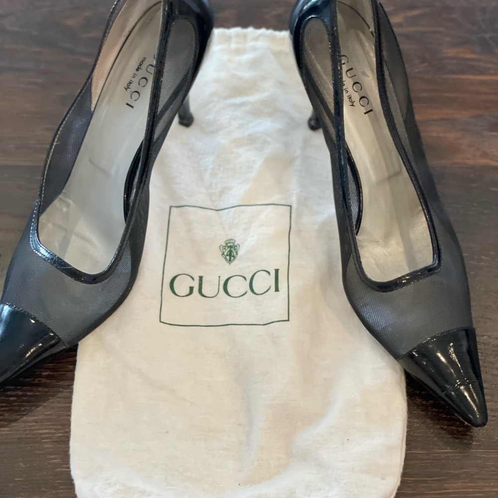 Gucci Black and Gray Mesh Pointed-Toe Heels